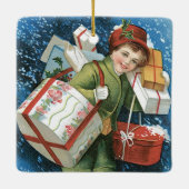 冬の雪に贈り物を贈るヴィンテージクリスマス セラミックオーナメント (裏面)