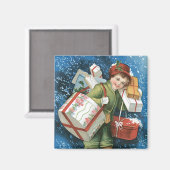 冬の雪に贈り物を贈るヴィンテージクリスマス マグネット (正面/裏面)