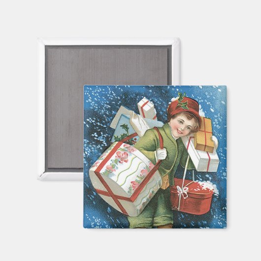 冬の雪に贈り物を贈るヴィンテージクリスマス マグネット (正面/裏面)