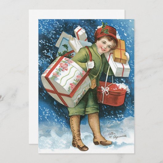 冬の雪に贈り物を贈るヴィンテージクリスマス 招待状 (正面/裏面)