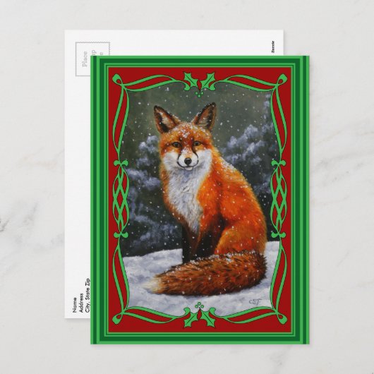 冬の雪のかわいい赤キツネ シーズンポストカード (正面/裏面)