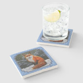 冬の雪のかわいい赤キツネ ストーンコースター (横)