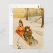 冬の雪のそり姿の女の子 ポストカード (正面/裏面)