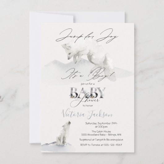 冬の雪のアルティックホワイトキツネベビーシャワー 招待状 (正面)