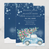 冬の雪のクリスマスカーウェディング 招待状 (正面/裏面)