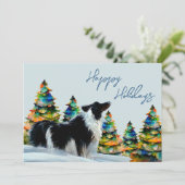 冬の雪のクリスマスツリーとボーダーコリー シーズンカード (スタンド正面)