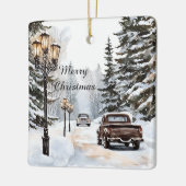 冬の雪のクリスマスツリーの車 セラミックオーナメント (左)