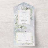 冬の雪のグリーン モノグラム ウェディング オールインワン招待状 (内側)