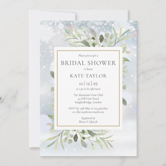 冬の雪のグリーン　QRコード写真　ブライズシャワー 招待状 (正面)