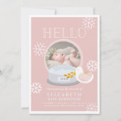 冬の雪のグローブピンクの女の子の誕生のお知らせ 招待状 (正面)