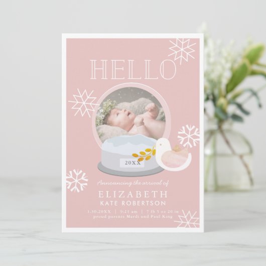 冬の雪のグローブピンクの女の子の誕生のお知らせ 招待状 (スタンド正面)