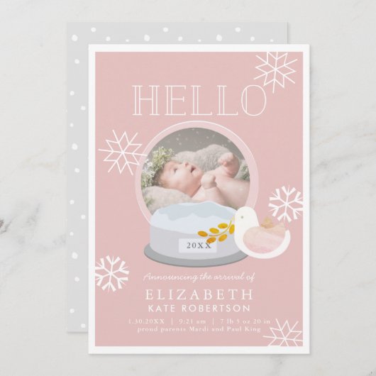 冬の雪のグローブピンクの女の子の誕生のお知らせ 招待状 (正面/裏面)