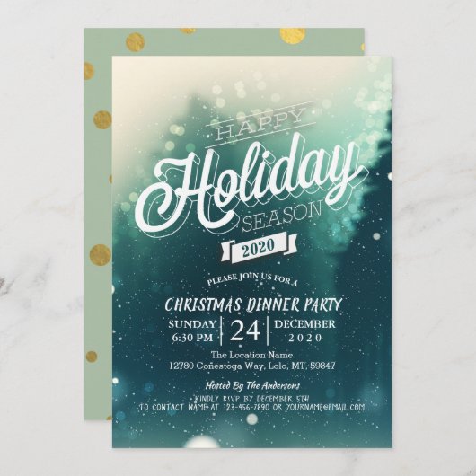 冬の雪のシーンクリスマスニューイヤーディナーパーティー 招待状 (正面/裏面)