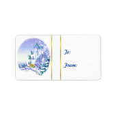 冬の雪のシーンヤギのクリスマスプレゼントラベルシール ラベル (正面)