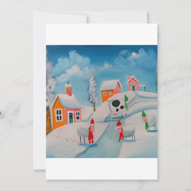 冬の雪のシーン羊のフォークアート (正面)