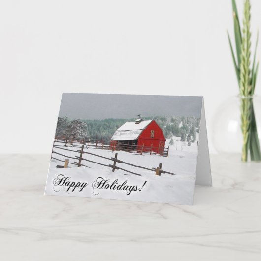 冬の雪のシーン(赤い納屋付、ハッピーホリデー) シーズンカード (正面)
