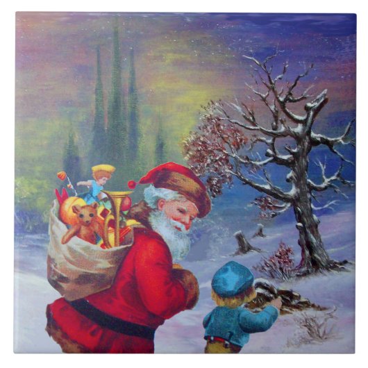 冬の雪のセラのおもちゃと子供を持つサンタ タイル (正面)