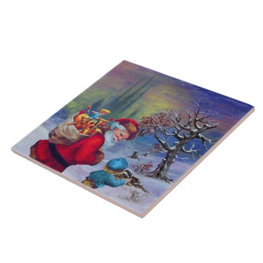 冬の雪のセラのおもちゃと子供を持つサンタ タイル (側面)