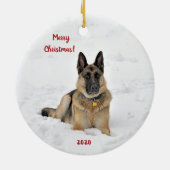 冬の雪のセラミックでドイツの羊飼い犬を救出 セラミックオーナメント (裏面)