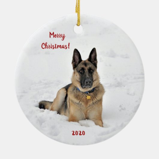 冬の雪のセラミックでドイツの羊飼い犬を救出 セラミックオーナメント (裏面)