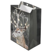 冬の雪のトナカイのメリークリスマス ミディアムペーパーバッグ (正面アングル)