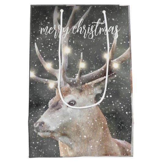 冬の雪のトナカイのメリークリスマス ミディアムペーパーバッグ (裏面)