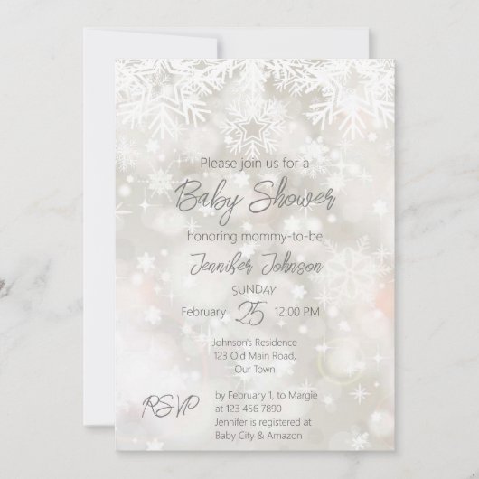 冬の雪のパステル色の赤ちゃんシャワー招待 招待状 (正面)