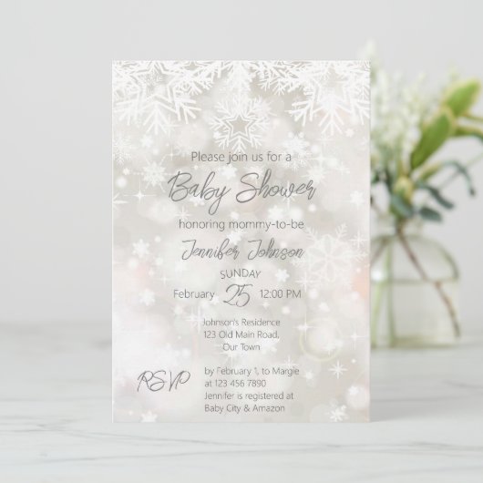 冬の雪のパステル色の赤ちゃんシャワー招待 招待状 (スタンド正面)