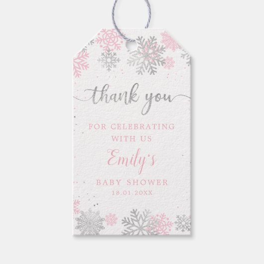 冬の雪のピンクと銀の女の子の赤ちゃんシャワー ギフトタグ (正面)