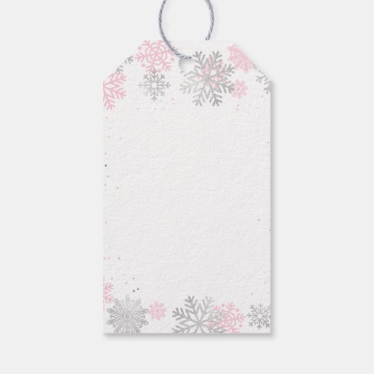 冬の雪のピンクと銀の女の子の赤ちゃんシャワー ギフトタグ (裏面)