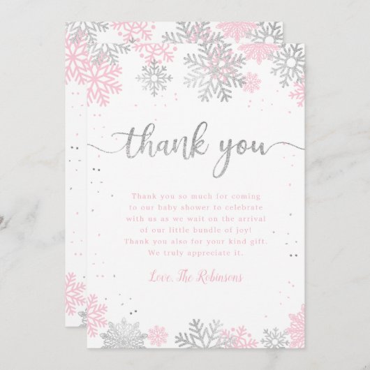 冬の雪のピンクと銀の女の子の赤ちゃんシャワー サンキューカード (正面/裏面)