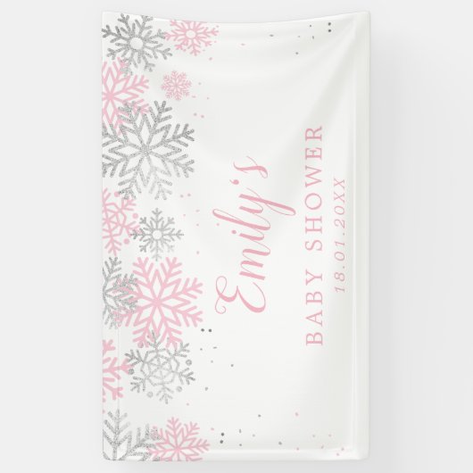 冬の雪のピンクと銀の女の子の赤ちゃんシャワー 横断幕 (縦)