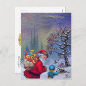 冬の雪のホリデーカードに子供とサンタ シーズンポストカード (正面/裏面)