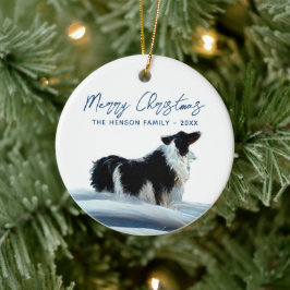 冬の雪のボーダーコリー クリスマス ホリデー セラミックオーナメント