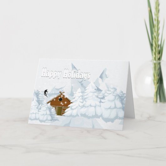 冬の雪のログキャビンのスキー休暇 シーズンカード (正面)