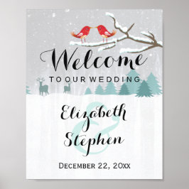 冬の雪のワンダーランドの鳥とトナカイの結婚式の看板 ポスター