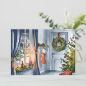 冬の雪の上で暖かいクリスマスルームの装飾 シーズンカード (スタンド正面)