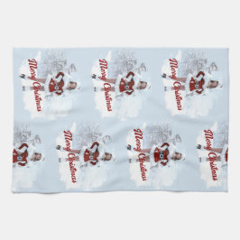 冬の雪の上で美しいクリスマスの女性 キッチンタオル