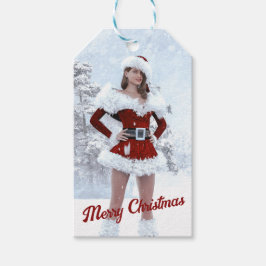 冬の雪の上で美しいクリスマスの女性 ギフトタグ