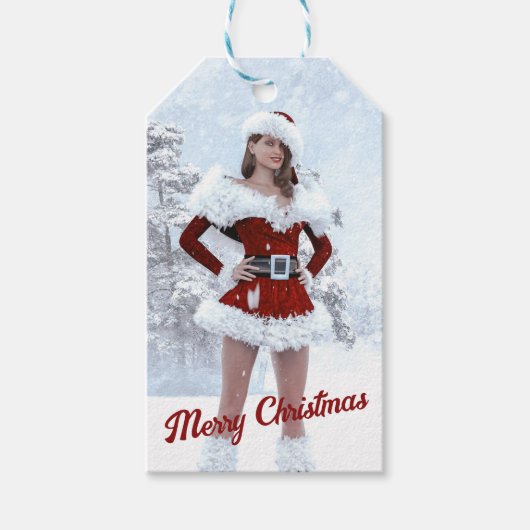 冬の雪の上で美しいクリスマスの女性 ギフトタグ (正面)