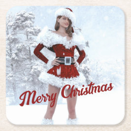 冬の雪の上で美しいクリスマスの女性 スクエアペーパーコースター