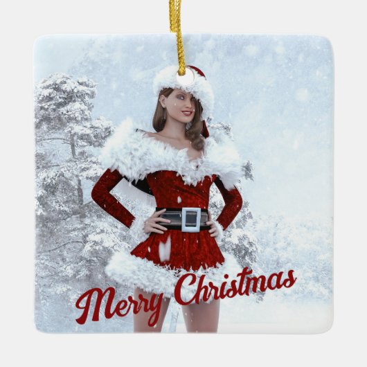 冬の雪の上で美しいクリスマスの女性 セラミックオーナメント (正面)