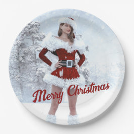 冬の雪の上で美しいクリスマスの女性 ペーパープレート