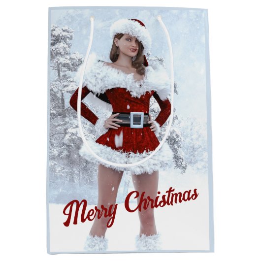 冬の雪の上で美しいクリスマスの女性 ミディアムペーパーバッグ (正面)