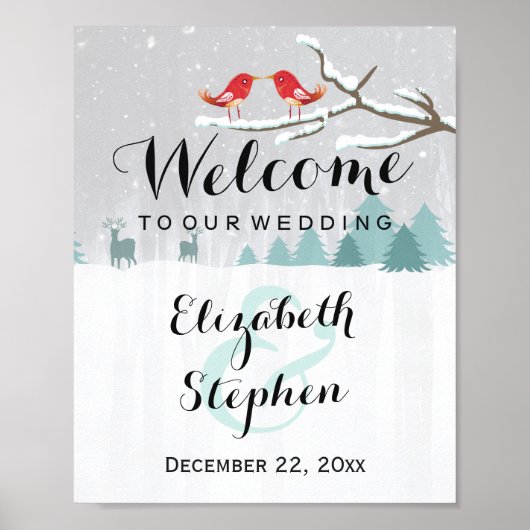 冬の雪の不思議な世界に鳥とトナカイのウェディングサイン ポスター (正面)