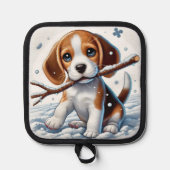 冬の雪の中でスティックで遊ぶ子犬 鍋敷き (正面)