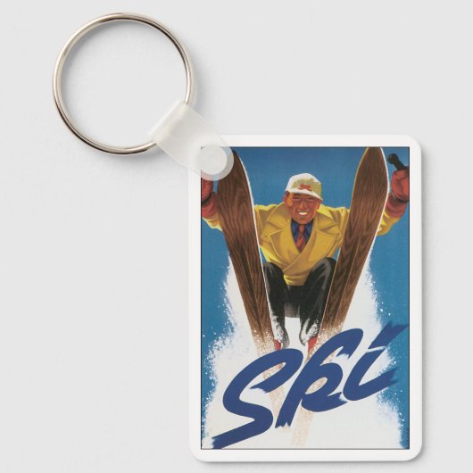 冬の雪の中でヴィンテージ旅行、スポーツスキーヤースキー キーホルダー (正面)