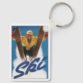 冬の雪の中でヴィンテージ旅行、スポーツスキーヤースキー キーホルダー (裏面)