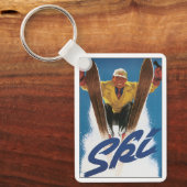 冬の雪の中でヴィンテージ旅行、スポーツスキーヤースキー キーホルダー (正面)