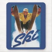 冬の雪の中でヴィンテージ旅行、スポーツスキーヤースキー マウスパッド (正面)